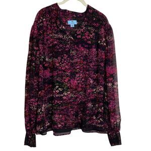 CeCe Womens Blouse Size 3X Black Pink Dark Floral Print Chiffon Long Sleeve
